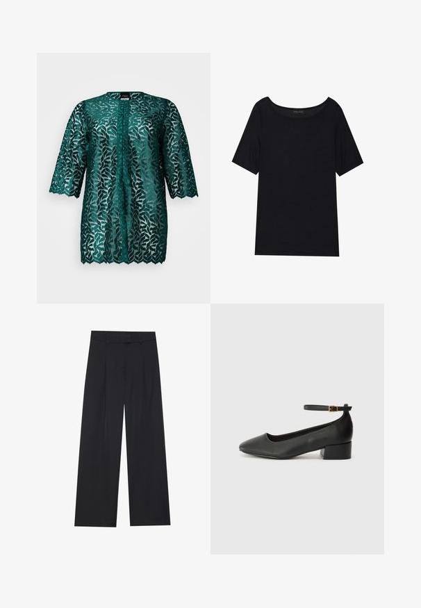 Błękitna koronkowa bluzka z wzorem liści, okrągłym dekoltem i rękawami o długości trzech ćwiartek. Półprzezroczysty materiał z falbaniastym wykończeniem i zapięciem na guziki.; Czarny t-shirt z krótkim rękawem i szerokim dekoltem. Wykonany z miękkiego, lekkiego materiału. Prosty design bez wzorów i akcentów.; Czarne spodnie typu wide-leg o gładkiej fakturze, z dwoma plisami z przodu, z pasem i bez widocznych elementów metalowych ani kieszeni.; Czarne skórzane szpilki z ostrym noskiem i niskim słupkowym obcasem. Wyposażone w pasek na kostkę z złotym zapięciem. Gładka tekstura.