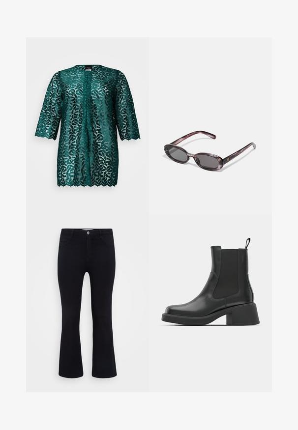 Tīrkīza mežģīņu blūze ar lapu rakstu, apaļu kakla izgriezumu un trīs ceturtdaļu garuma piedurknēm. Pusstikls audums ar viļņotu apakšmalu un pogu aizdari.; Divi īsām piedurknēm topi ar augsto apkakli: viens balts un viens melns. Abi izgatavoti no gludas, elastīgas auduma ar pieguļošu siluetu un apaļām kakla izgriezumiem.; ONLY Carmakoma CARTHUNDER PUSH UP - Džinsi ar paplatinātiem galiem - black denim; Melna ādas potītes zābaki ar elastīgām sānu daļām, noapaļota purngala forma un masīls blokveida papēdis. Gluda tekstūra un minimālisma dizains.; Ovālas saulesbrilles ar marmora purpura rāmi, tumšiem stikliem un slaidām kājiņām, kurām pievienots neliels zelta logotipa akcenti.; Sudraba riņķveida auskari, ar gludu, pulētu virsmu. Divi pāri ar nedaudz atšķirīgu izmēru. Vienkāršs, apaļš dizains, viegli.