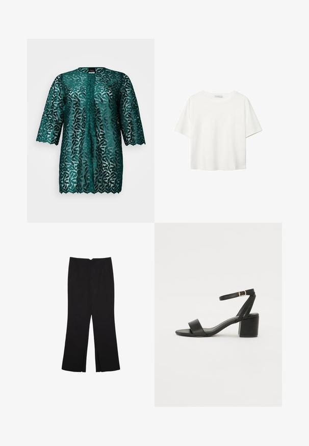 Błękitna koronkowa bluzka z wzorem liści, okrągłym dekoltem i rękawami o długości trzech ćwiartek. Półprzezroczysty materiał z falbaniastym wykończeniem i zapięciem na guziki.; Biała koszulka z krótkim rękawem, wykonana z bawełny. Posiada okrągły dekolt i luźny krój. Gładka faktura bez widocznych wzorów czy akcentów.; Czarne spodnie o prostym kroju, z przednimi kieszeniami i bocznymi rozcięciami na dole. Wykonane z miękkiego, gładkiego materiału. Odpowiednie na różne okazje.; Czarne sandały na obcasie z gładkiej skóry, z odkrytymi palcami, szerokimi przednimi paskami oraz regulowanym paskiem na kostkę z detalem w postaci złotego zapięcia.