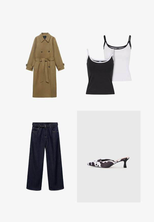 Trench coat largo de camello con amplios solapas, botones de doble botonadura, cintura ceñida con cinturón y puños abotonados, exhibido sobre fondo blanco.; Dos camisones en negro y blanco. Hechos de una tela suave, con tirantes finos y un ribete de contraste en el escote y las sisas.; Vaqueros de pierna ancha de color azul oscuro, hechos de denim. Cuentan con una cinturilla con cinturón que incluye múltiples botones, bolsillos frontales y un acabado limpio en los dobladillos.; Tacones slingback de punta afilada en diseño de estampado de vaca en blanco y negro. Parte superior de tela con un acabado texturizado y un tacón negro delgado.