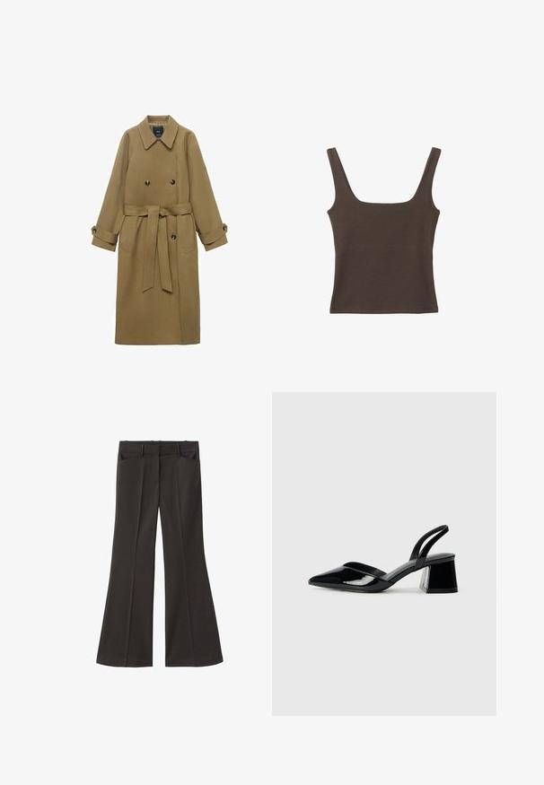 Długi płaszcz w typie trencza w kolorze camel z szerokim kołnierzem, podwójnymi guzikami, paskiem w talii i mankietami zapinanymi na guziki, prezentowany na białym tle.; Brązowa bezrękawnikowa bluzka o kwadratowym dekolcie, wykonana z miękkiego, elastycznego materiału. Posiada dopasowany krój i płaskie szwy.; Czarne spodnie z szerokimi nogawkami i wysokim stanem; posiadają dwie przednie kieszenie oraz gładką teksturę materiału. Idealne na różne okazje.; Czarne lakierowane półbuty na obcasie z wydłużonym noskiem i geometrycznym słupkiem. Charakteryzują się eleganckim, minimalistycznym designem oraz gładką fakturą.