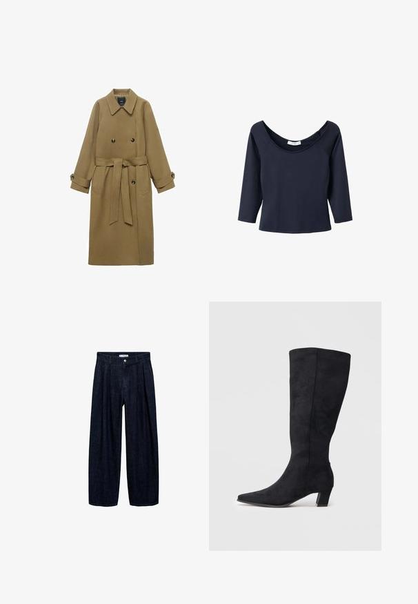 Dlhý ťavový trenčkot s širokým klopovým golierom, dvojradovým zapínaním, opaskom v páse a gombíkovými manžetami, vystavený na bielom pozadí.; Námornícky modré tričko s 3/4 rukávmi a širokým výstrihom do lodi, vyrobené z jemnej tkaniny. Má raglánové rukávy a rovný lem.; Tmavé džínsy s širokými nohavicami a pregibmi v páse, s predným gombíkom a pútkami na opasok. Hladká textúra a celodlhý strih.; Čierne zamšové vysoké čižmy s špicatou špičkou a krátkym blokovým opätkom. Hladká textúra a minimálne detaily s elegantným dizajnom.