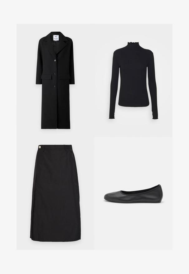 Schwarzer Wollmantel mit langen Ärmeln, Reverskragen und dreiknöpfigem Vorderverschluss. Verfügt über zwei Vordertaschen und eine gerade Silhouette.; Schwarz, langärmliges Turtleneck-Oberteil aus glattem Material, mit einem gerafften Kragen und einer enganliegenden Silhouette mit einfachen Kanten.; Schwarz knielanger Rock aus glattem Stoff, mit einem Schlitz vorne und einem metallischen Knopfakzent am Bund.; Schwarze Leder-Ballettschuhe mit abgerundeter Spitze, glatter Textur, minimalen Nähdetails und einem flexiblen Sohlen-Design.