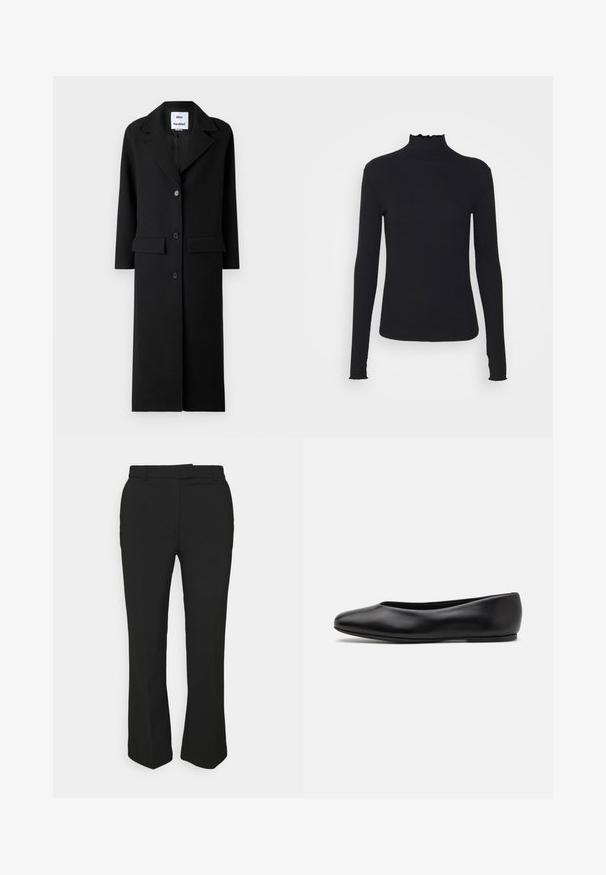 Cappotto di lana nero con maniche lunghe, colletto a punta e chiusura frontale a tre bottoni. Presenta due tasche frontali e una silhouette dritta.; Maglione nero a maniche lunghe con colletto a dolcevita realizzato in tessuto morbido, caratterizzato da un collo arricciato e una silhouette aderente con bordi semplici.; Pantaloni neri su misura con design a gamba dritta, dotati di passanti per cintura e tasche laterali. Realizzati in tessuto liscio con una finitura pulita.; Paul Smith TOPANGA - Ballerine - black