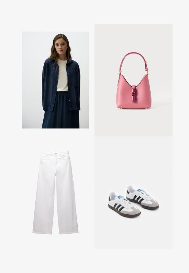 Jimmy Key LOOSE FIT - Veste en jean - dark blue; Sweatshirt bleu en mélange de coton doux, avec un col rond, des manches longues, des poignets côtelés et un petit logo brodé sur la poitrine.; Jean large blanc en denim. Comprend une fermeture à bouton, des poches avant et arrière, et des coutures. Texture lisse avec un minimum de détails.; Baskets avec une tige en cuir blanc, un bout en daim gris et trois bandes noires. Présente un logo bleu sur la languette et une semelle en caoutchouc texturée.; Sac à main en cuir rose avec une forme structurée, doté d'une fermeture brillante et d'une seule bandoulière réglable. Fini texturé avec des accessoires en or.