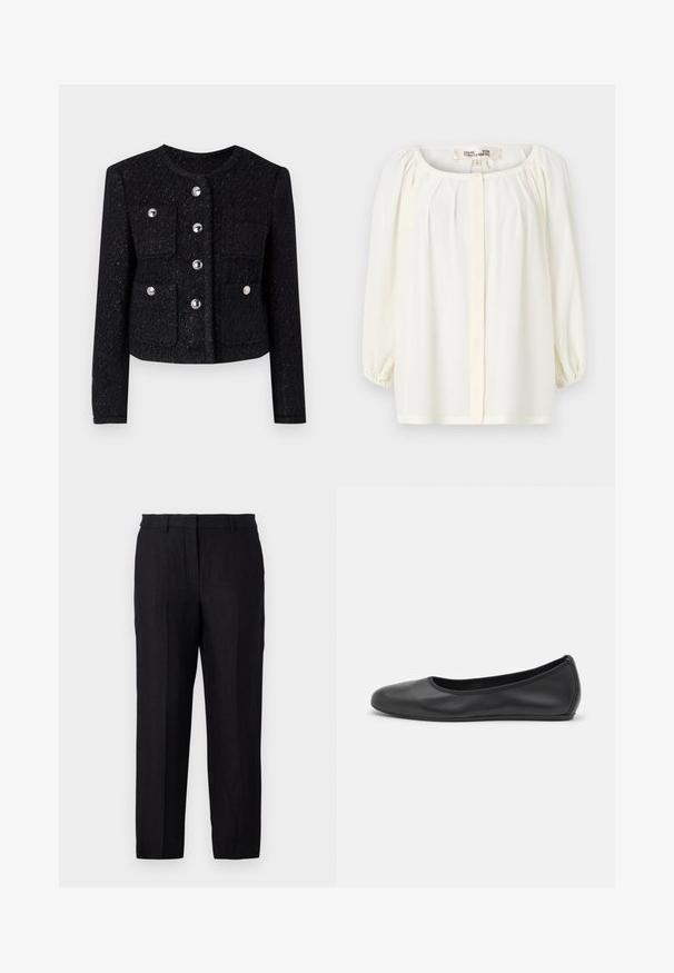 Zwarte tweedjas met een ronde hals, sluiting met knopen aan de voorkant en vier opgestikte zakken. Voorzien van metalen knopen en een gestructureerde afwerking.; Witte blouse met een ronde halslijn, geplooide voorkant en driekwart pofmouwen. Gemaakt van lichtgewicht stof met een zachte textuur.; Zwarte linnen broek met een rechte pasvorm, voorzien van een ritssluiting, ceintuurlussen en voor- en achterzakken. Gladde textuur en een minimistisch ontwerp.; Zwarte leren ballerina met een ronde neus, gladde textuur, minimale stikdetails en een flexibele zoolontwerp.