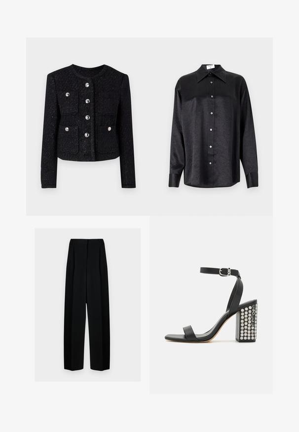 Giacca di tweed nera con collo rotondo, chiusura frontale con bottoni e quattro tasche applicate. Presenta bottoni metallici e una finitura texturizzata.; Camicia nera a maniche lunghe con colletto, caratterizzata da una texture stropicciata, chiusura frontale con bottoni e polsini. Realizzata in un tessuto morbido.; Pantaloni neri a gamba larga con vita alta, dotati di pieghe e una texture liscia. Il tessuto sembra leggero e si drappeggia in modo elegante.; Infradito in pelle nera con tacco e cinturino alla caviglia. Presentano una punta quadrata, una texture liscia e un tacco a blocco quadrato adornato con borchie in argento.