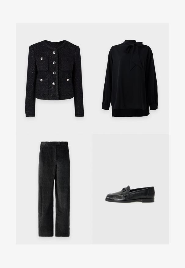 Black tweed jacket with a round neck, front button closure, and four patch pockets. Features metallic buttons and a textured finish.; Black blouse with a high collar and bow tie detail. Long sleeves with cuffed ends. Made from smooth fabric with a relaxed fit.; Black, textured wide-leg trousers with a pronounced weave, featuring front pleats and a flat waistband. Classic design for versatility.; Black leather loafers with a smooth upper, embossed linear pattern, and a decorative buckle accent on the vamp. Low, block heel.