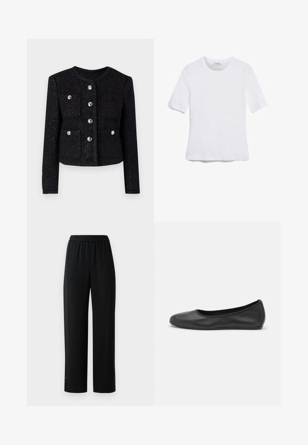 Must kollaste kudumitega jakk ümmarguse kaelusega, esise nööbiga sulgemine ning neli plaastri taskut. Sisaldab metallnööpe ja tekstureeritud viimistlust.; Valge lühikeste varrukatega T-särk ribatud kangast. Ümara kaelusega, tavalisest sobivusest ja peente õmbluse detailidega. Ilma mustrite või graafikateta.; Mustad laiad mustad püksid, mis on valmistatud siledast kangast ja neil on elastne vöökoht. Omavad sirget lõiget ja minimaalset kaunistust. Sobivad igapäevaseks kandmiseks.; Musthave mustika tantsutossud mustast nahast, ümmarguse varbaga, siledast tekstuurist, minimaalse õmblusdetailiga ja paindliku tallakujundusega.