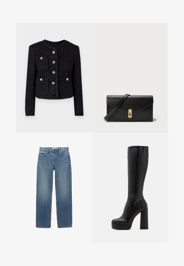 Schwarze Tweedjacke mit rundem Kragen, vorne mit Knopfverschluss und vier aufgesetzten Taschen. Mit metallischen Knöpfen und strukturiertem Finish.; Dunkelblaues T-Shirt mit horizontalen weißen Streifen, kurzen Ärmeln und rundem Halsausschnitt. Hergestellt aus glattem Stoff mit körperbetonter Passform.; Hellblaue Jeans aus Denim mit geradem Schnitt, fünf Taschen und Beschlägen in Kupferfarbe. Der Stoff hat eine leichte Ausbleichung und eine glatte Textur.; Schwarze knielange Stiefel aus glattem Leder mit strukturierter Oberfläche, ausgestattet mit einem hohen Blockabsatz und einem runden Zehendesign.; Schwarze Leder-Geldbörse mit Klappverschluss, goldfarbener Hardware und Logo-Akzent. Inklusive abnehmbarem Trageriemen.