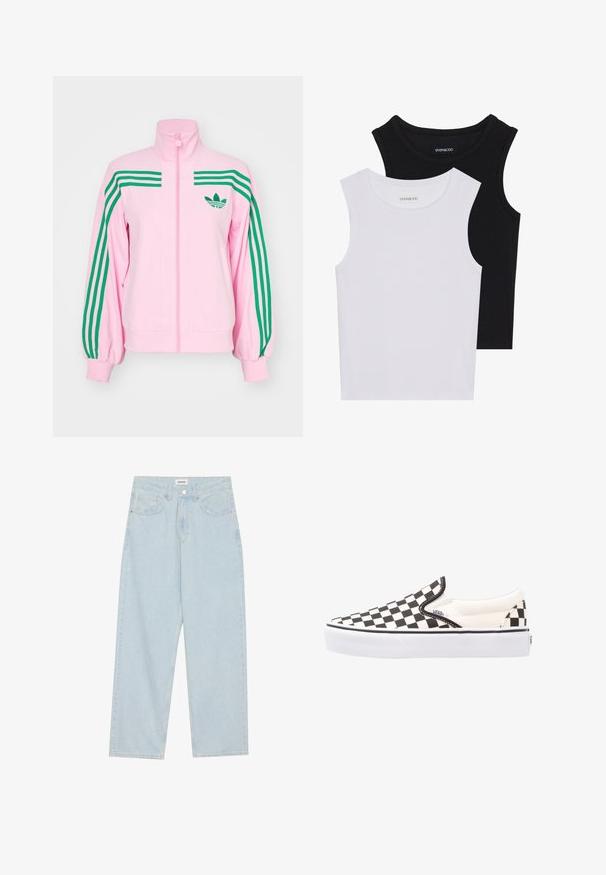 adidas Originals Casaco de treino - true pink; Duas blusas sem mangas em preto e branco, feitas de algodão canelado, com decotes redondos e um design ajustado. Etiquetas visíveis em ambas.; Calças jeans de perna larga em azul-claro, feitas de denim, com uma cintura média, cinco bolsos e um fecho de botão com um pequeno detalhe metálico.; Sapatilhas Vans slip-on em padrão xadrez preto e branco, com parte superior em tela, sola de borracha e colarinho acolchoado. Bico redondo e plano com detalhes brancos na sola.