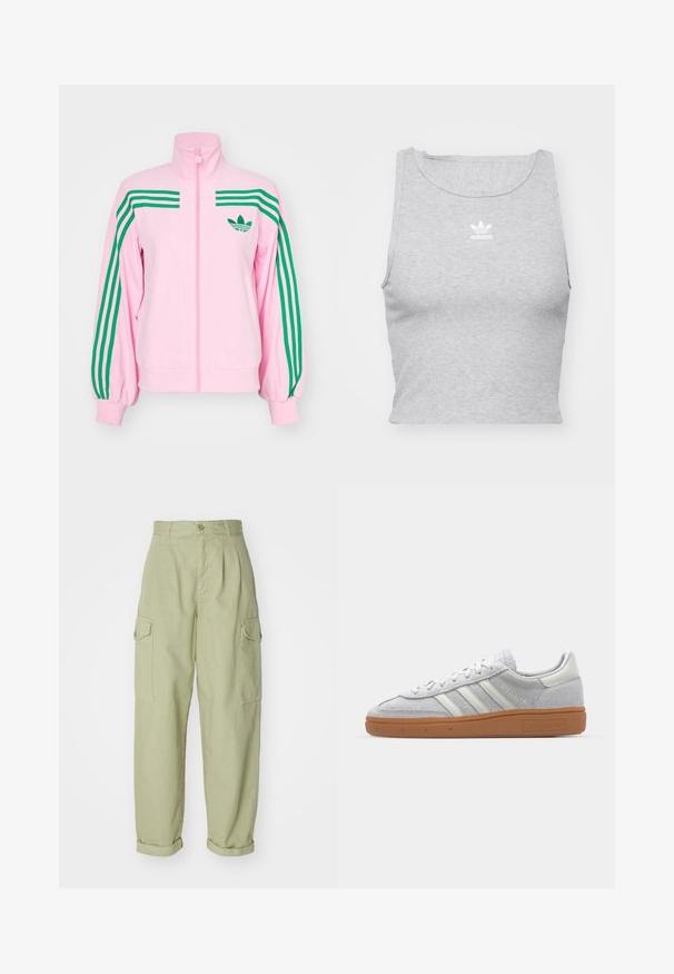 adidas Originals Spordijakk - true pink; Hallikas, ilma varrukat crop top pehmest kangast, ümarate kaelustega ja väikese valge Adidas logo'ga rinna peal.; Heledad rohelised cargo püksid, valmistatud puuvillakangast. Omavad kõrget talje, volditud pahkluup, ja kahte külgpoket lisafunktsionaalsuse jaoks.; Heledad hallhall kreemikas nähtav dress särk valgete nahka elementidega, kolm valget triipu ja pruun kummikreen, millel on mugavuse tagamiseks pehmendusega kaelus.