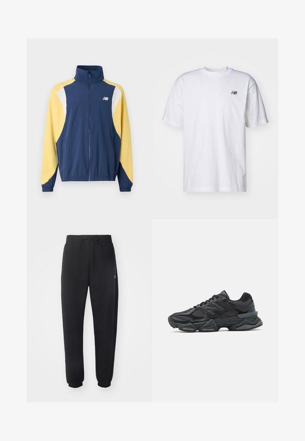 Marineblaue und gelbe Zip-Jacke mit hohem Kragen, ausgestattet mit einem farbigen Blockdesign und elastischen Bündchen; der Stoff wirkt glatt und sportlich.; Weißes T-Shirt mit kurzen Ärmeln und Rundhalsausschnitt, mit kleinem schwarzen New Balance-Logo auf der linken Brust vor einem einfarbigen Hintergrund.; Schwarze Sweatpants aus weichem Material mit elastischem Bund, Kordelzug und schmal zulaufenden Bündchen, die auf der Seite ein dezentes Logo zeigen.; Schwarzer Laufschuh mit einer Mischung aus Mesh- und sinthetischen Materialien, dicke Sohle, geschwungenes Design und auffälliger Markenkennzeichnung an der Seite.