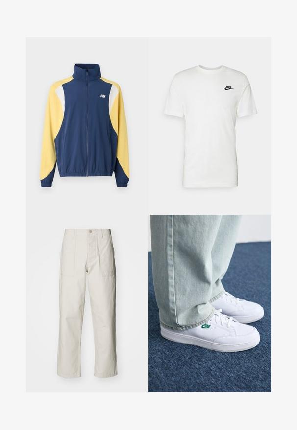 Mornarsko modra in rumena jopica z zadrgo in visokim ovratnikom, ki ima barvno blokirano zasnovo ter elastične manšete; tkanina se zdi gladka in športna.; Bela bomba majica iz bombaža s kratkimi rokavi, okroglim ovratnikom in črnim logotipom Nike na levem prsnem delu. Gladka tekstura in klasičen kroj.; Svetlo bež široke hlače iz bombaža. Imajo sprednje žepe in gumbasto zapiranje. Gladka tekstura z subtilnimi navpičnimi črtami.; Bela usnjena športna obutev z zelenim Nike logotipom, okrogla konica, ravna podplat, v kombinaciji z svetlo modrimi kavbojkami, prikazana na modrem preprogu.