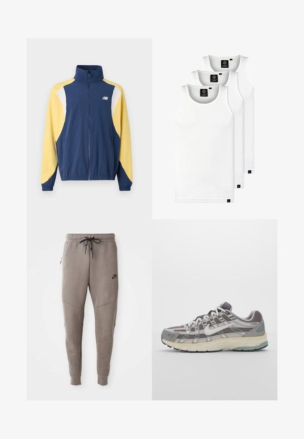 Marineblå og gul zip-up jakke med høy krage, med fargeblokkert design og elastiske mansjetter; stoffet fremstår som glatt og sporty.; Tre hvite ribbestrikkede tank topper laget av bomull. Har en rund hals og små svarte etiketter nær kanten. Tilgjengelig i flere størrelser.; Grå Nike joggebukser med snor i midjen, smale ben, sidelommer og distinkte sømdetaljer. Myk, teksturert stoff.; Grå treningssko med overdel i nett og semsket skinn, hvite detaljer, en polstret såle, og et særpreget design med reflekterende elementer.