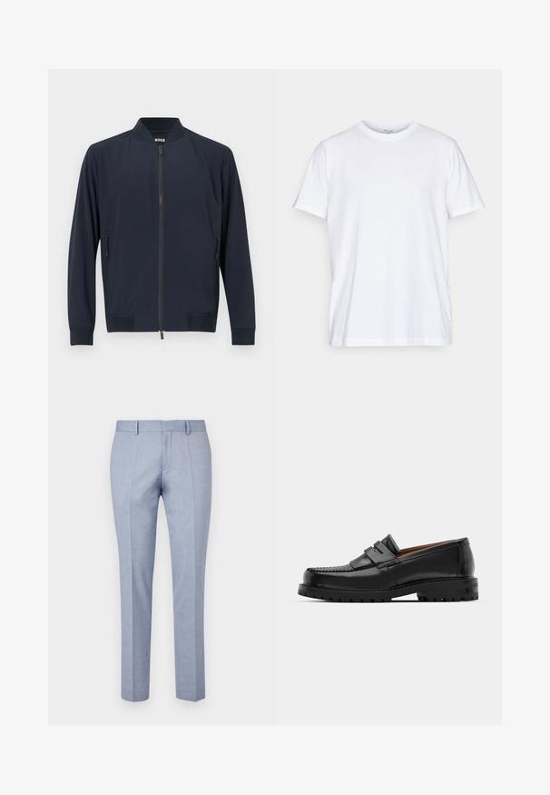 Marinblå bomberjacka med dragkedja fram, ribbad krage och manschetter, samt två sidofickor med dolda dragkedjor. Slät, lättviktig tyg.; Vit bomullströja med korta ärmar, rund krage och en avslappnad passform. Har en minimalistisk design, utan mönster eller accenter.; Ljusblå skräddarsydda byxor med en jämn tygstruktur, med en platt front, två framfickor och en slim fit-design.; Svarta läderloafers har en upphöjd söm, två dekorativa remmar på ovansidan och en tjock texturerad sula för ökat grepp.