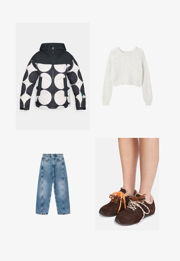 Prošívaná bunda s kapucí, zdobená černo-bílým kruhovým vzorem, předním zipem a kapsami s kontrastními tmavými detaily.; Šedý krátký svetr vyrobený z měkkého, chlupatého materiálu. Má dlouhé rukávy a kulatý výstřih, s hladkou a lehkou texturou.; Bílý krátký rukáv T-shirt vyrobený z měkké bavlny, s kulatým výstřihem a volným střihem se zahnutými detaily. Bez vzorů nebo akcentů.; Svetle modré džíny mají volný střih, velké kapsy a kontrastní švy. Tkanina má vybledlý vzhled a hladkou texturu.; Hnědé semišové nazouvací boty s kožešinovou podšívkou nošené na nahých nohách, vybavené nesouměrnými tkaničkami: jedna oranžová a jedna bílá s černými pruhy.