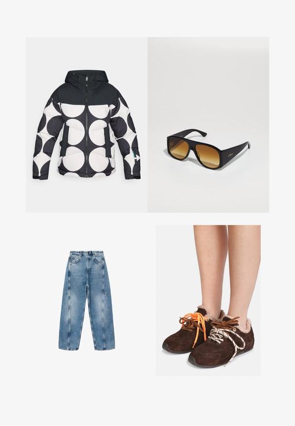 Gepolsterte Jacke mit Kapuze, versehen mit einem schwarz-weißen Kreisförmigen Muster, Frontreißverschluss und Taschen mit kontrastierenden dunklen Akzenten.; Grauer, kürzerer Pullover aus weichem, flauschigem Material. Mit langen Ärmeln und rundem Ausschnitt, sowie einer glatten, leichten Textur.; Weißes Kurzarm-T-Shirt aus weicher Baumwolle, mit Rundhalsausschnitt und entspannter Passform sowie gerollten Säumen. Keine Muster oder Verzierungen.; Hellblaue Denim-Jeans haben eine lockere Passform, große Taschen und kontrastierende Nähte. Der Stoff hat eine ausgeblichene Optik mit einer glatten Textur.; Braune Wildleder-Slipper mit Fellfutter, die barfuß getragen werden, mit unpassenden Schnüren: eine orange und eine weiße mit schwarzen Streifen.; Schwarze rechteckige Sonnenbrille mit braunen Verlaufslinsen. Hergestellt aus Plastik, mit einer glatten Oberfläche und einem dezenten goldenen Logo am Bügel.