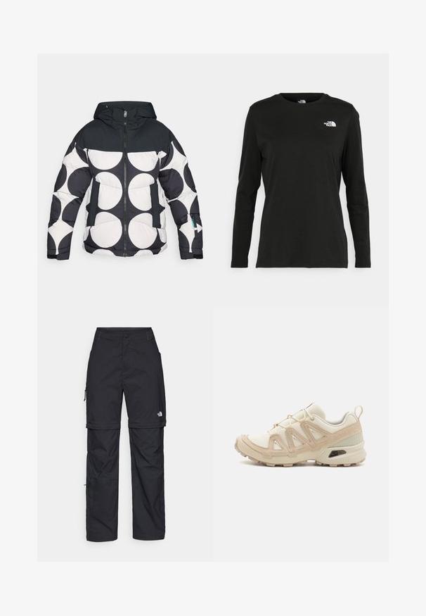 Casaco acolchoado com capuz, apresentando um padrão circular em preto e branco, fecho frontal de correr e bolsos com detalhes contrastantes em tom escuro.; T-shirt preto de mangas longas, feito de algodão, com decote redondo. Apresenta um pequeno logótipo branco na área esquerda do peito. Design simples e ajuste confortável.; Calças cargo pretas em nylon com fechos de correr removíveis, punhos ajustáveis, múltiplos bolsos e um logótipo na perna direita. Textura suave e leve.; Sapatilha atlética beige e creme com parte superior em malha texturizada, sobreposições de suporte e sola de borracha com um padrão de cravo para tração.