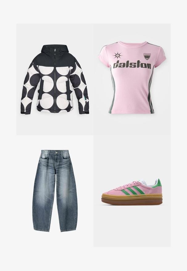 Kapucnis bélelt dzseki, fekete-fehér körmintával, elöl cipzárral és sötét kontrasztos díszítésű zsebekkel.; Rózsaszín, rövid ujjú póló fekete "Dalston" felirattal, sötétzöld logóval és oldalsó csíkokkal. Simogatós, nyújtható anyagból készült.; Világoskék denim anyagból készült bővülő szárú farmernadrág, amelyen elhalványulások találhatók, öt zsebbel, gombos záródással és minimális varrási részletekkel.; Rózsaszín zamákból készült sportcipő zöld csíkokkal, fehér díszítéssel és barna gumi talppal. Texturált anyaggal és logóval ellátott részletekkel az oldalon.