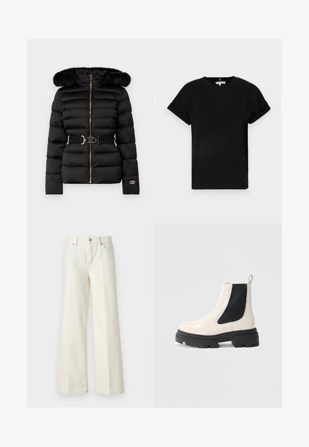 Juoda pūkinė striukė su kailiniu gaubtu, priekyje užtrauktukas ir elastinga dirželė su logotipu. Textūruota, siuvinėta konstrukcija ilgomis rankovėmis.; Juodas medvilninis marškinėliai su trumpomis apvyniotomis rankovėmis, turintys reljefinį logotipą centre ir mažą vėliavėlės akcentą šone.; Platūs balti džinsai, pagaminti iš medvilnės mišinio. Yra užtrauktukas, penkių kišenių dizainas ir siūlės išsiuvinėjimas.; Kreminės odos Chelsea botai su masyvia juoda padu ir juodą elastinę šoninę dalį prieš baltą foną.