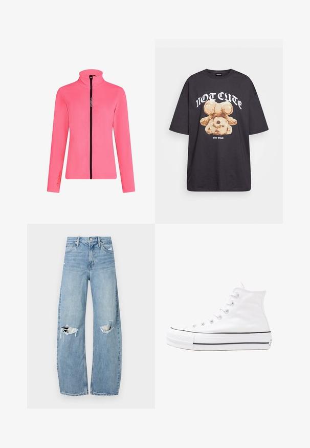 Vaate vaaleanpunaisesta fleecestä, jossa on korkea kaulus, musta vetoketju, pitkät hihat ja Polartec-logo hihassa.; Mustat ylisuurent-paidat, joissa on karhun grafiikka ja teksti "EI SULOINEN VAAN VILLI" rohkealla valkoisella fontilla. Puuvillamateriaali.; Vaaleansiniset, korkeavyötäröiset farkut, jotka on valmistettu denimmateriaalista. Ominaisuuksiin kuuluvat leveät lahkeet, kaksi revittyä polvialuetta ja klassinen viiden taskun tyyli.; Valkoiset korkeavartiset kangaskengät mustalla kumipohjalla, edessä kuminen varvasosa ja kuusi nauha-aukkoa, puhtaan minimalistisella muotoilulla.