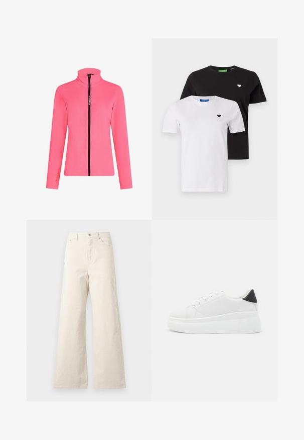 Pink fleece jacket with a high collar, black zip closure, long sleeves, and a Polartec logo on the sleeve.; Two cotton t-shirts: one black with a white heart logo, one white with a black heart logo. Both have a classic crew neck and short sleeves.; Beige wide-leg pants made of cotton, featuring a front button closure, side pockets, and a smooth texture. Minimalistic design with no patterns.; White platform sneakers made of smooth synthetic material, featuring a rounded toe, lace-up design, and a textured rubber sole. Black heel accent.