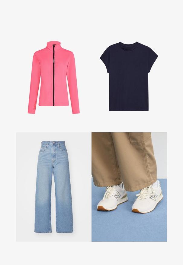 Chaqueta de forro polar rosa con cuello alto, cierre de cremallera negra, mangas largas y un logo de Polartec en la manga.; Camiseta de algodón azul marino con escote redondo y mangas cortas, con un ajuste holgado y textura suave. Sin patrones ni acentos.; Jeans de tiro alto y pernera ancha en azul claro, con cierre frontal de botón y cremallera, y bolsillos delantero y trasero, sobre un fondo blanco.; Zapatillas deportivas blancas con una suela de goma texturizada en beige. Presentan un acento de estampado animal azul y cordones planos beige, combinadas con pantalones color beige.