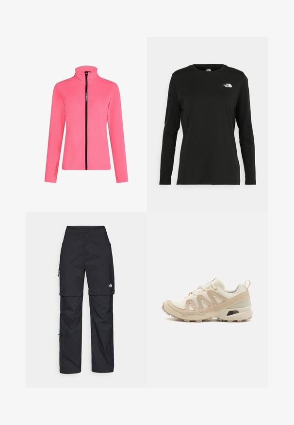 Roze fleecjacket met een hoge kraag, zwarte ritssluiting, lange mouwen en een Polartec-logo op de mouw.; Zwart langsluiting T-shirt van katoen met een ronde hals. Heeft een klein wit logo op de linkerkant van de borst. Eenvoudig ontwerp en pasvorm.; Zwarte nylon cargo broek met afneembare pijpen, verstelbare manchetten, meerdere zakken en een logo op het rechterbeen. Gladde, lichte textuur.; Beige en crème sportschoen met een textuur-mesh bovenwerk, ondersteunende overlays en een rubberen zool met een profielpatroon voor grip.