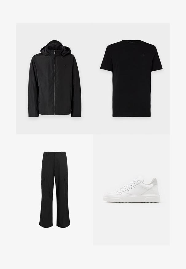 Schwarze, leichte Jacke mit Kapuze, ausgestattet mit einem Frontreißverschluss und seitlichen Taschen. Das Material wirkt glatt mit einer matten Oberfläche.; Schwarzes kurzärmliges T-Shirt aus Baumwolle mit Rundhalsausschnitt und einem dezent geprägten Logo auf der linken Brust. Glatte Textur.; Schwarze Cargo-Hose aus leichtem Stoff, mit entspannter Passform, zwei großen Seitentaschen und Knopfverschluss.; Weiße Leder-Sneaker mit glatter Oberfläche, rundem Zehenbereich, flachen Schnürsenkeln und strukturiertem Schuhsohlen. Graues Wildleder-Detail an der Ferse.