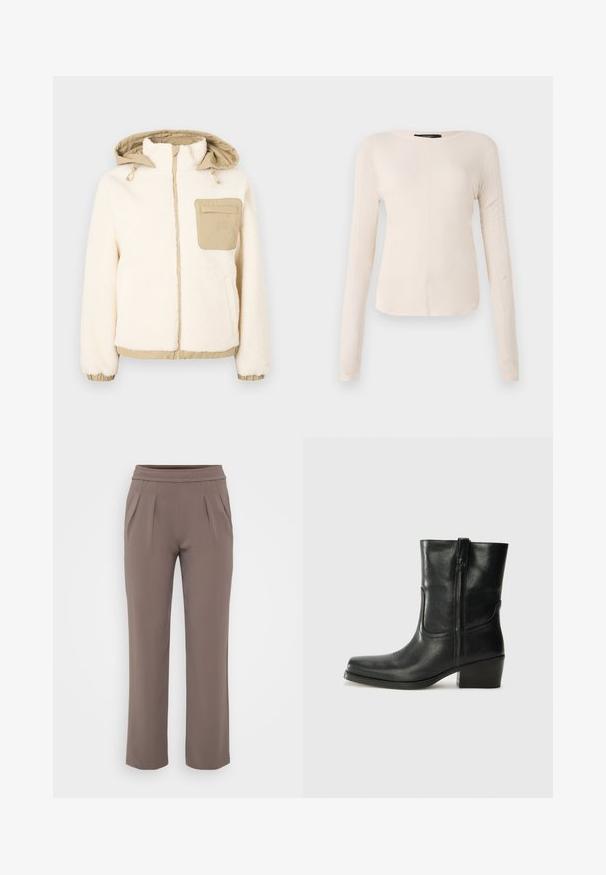 Krämfärgad fleecjacka med beige quiltad huva och ficka. Har elastiska muddar och fåll, guldfärgad dragkedja och justerbara dragsnören.; Långärmad, ljusbeige topp med rund halsringning. Tillverkad i mjukt material, har en central söm och något rundad nederkant. Inga synliga detaljer.; Taupe löst sittande byxor med elastisk midja och framfåll, gjorda av ett mjukt tyg.; Svart läderankelboot med rund tå, blockklack, sidodragkedja och sömmar på ovandelen. Slät textur, klassisk design.