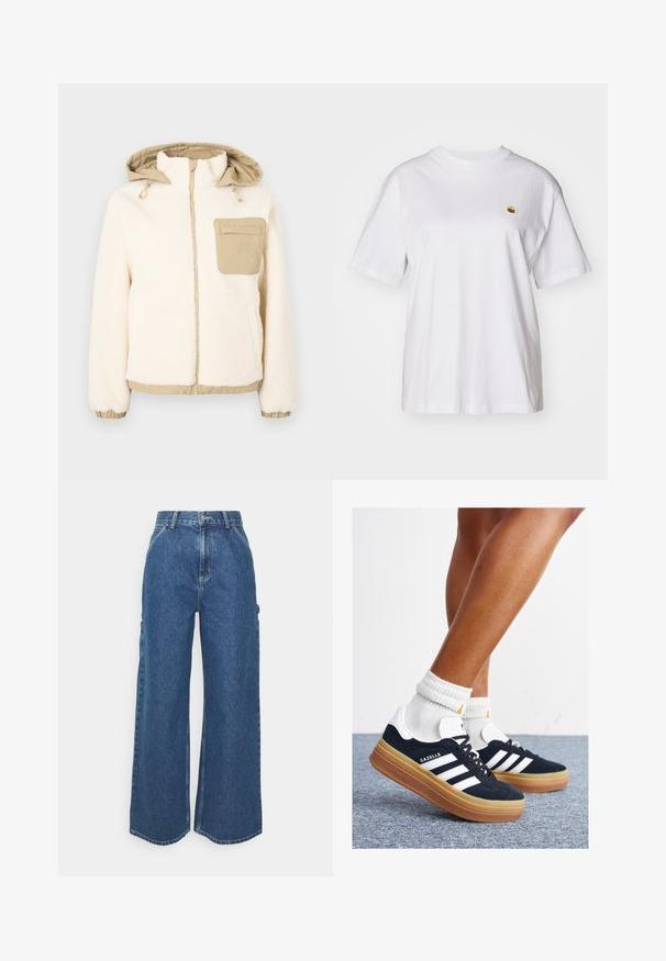 Kremowa kurtka polarowa z beżowym pikowanym kapturem i kieszenią. Posiada elastyczne mankiety i dół, złoty zamek błyskawiczny oraz regulowane sznurki.; Biała bawełniana koszulka z luźnym krojem, krótkimi rękawami i małym haftowanym logo po lewej stronie klatki piersiowej.; Szerokie niebieskie dżinsowe spodnie z wysokim stanem, kontrastowymi szwami i bocznymi kieszeniami, z klasycznym pięciokieszeniowym wzorem i surowymi brzegami.; Czarne zamszowe trampki z białymi paskami i akcentami, zaokrąglonym noskiem, gumową podeszwą w kolorze jasno-brązowym, zestawione z białymi żebrowanymi skarpetkami do kostki.