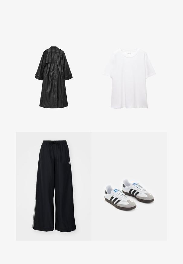 Czarny skórzany trench z podwójnym zapięciem, szerokimi rękawami i paskiem w talii. Posiada duży kołnierz i boczne kieszenie.; Prosta, biała koszulka wykonana z bawełny, z okrągłym dekoltem, krótkimi rękawami i luźnym krojem. Gładka faktura, bez wzorów czy akcentów.; Czarne spodnie typu wide-leg wykonane z lekkiego materiału. Posiadają elastyczny pas z troczkiem i białe paski po bokach. Logo marki na biodrze.; Buty sportowe z białą skórzaną cholewką, szarym zamszowym noskiem i trzema czarnymi paskami. Posiadają niebieskie logo na języku oraz teksturowaną gumową podeszwę.