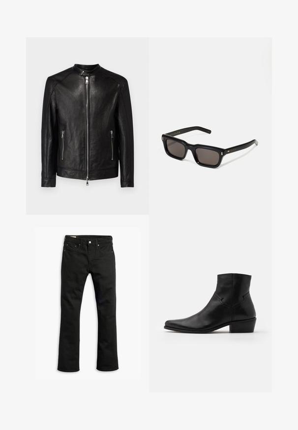 Dondup BIKER - Chaqueta de cuero - black; Sudadera de manga larga color beige con cuello redondo, hecha de material suave, con puños y dobladillo acanalados, de textura lisa y diseño minimalista.; Jeans de mezclilla negra con un diseño de pierna recta, cinco bolsillos, cierre de botón de metal y detalles de costura sutiles. Textura suave y color sólido.; Botín negro de cuero hasta el tobillo con puntera afilada, detalles de costura mínimos, tacón de bloque de altura media y un acabado suave y pulido.; Gafas de sol rectangulares negras con lentes oscuros, marco de plástico grueso, acentos dorados en las patillas y logotipo de la marca grabado en el brazo.