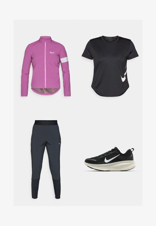 Hellrosa Radjacke mit hohem Kragen, durchgehendem Reißverschluss und reflektierenden weißen Akzenten an den Ärmeln. Hergestellt aus leichtem, glattem Material.; Schwarzes sportliches T-Shirt mit kurzen Ärmeln, das ein weißes Nike-Swoosh-Logo an der Unterseite und einen abgerundeten Saum aufweist.; Dunkle graue Nike Sporthosen mit einem schmal zulaufenden Bein-Design, elastischem Bund und Akzentdetails in der Nähe der Bündchen.; Schwarzer Nike-Laufschuh mit atmungsaktivem Mesh-Obermaterial, weißem Swoosh-Logo, strukturierten Details und einer cremefarbenen ZoomX-Zwischensohle.