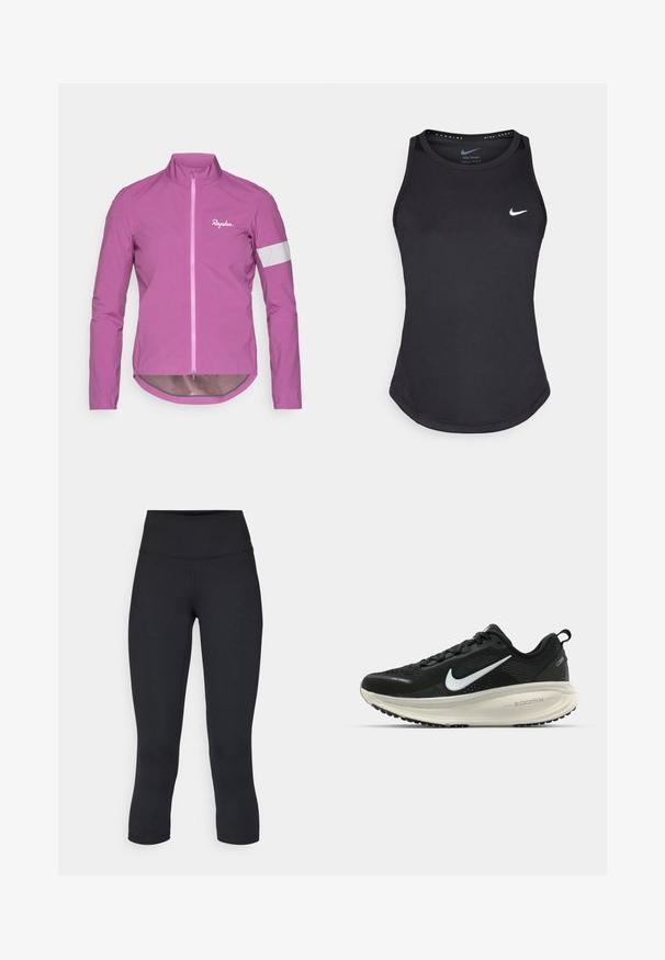 Jachetă de ciclism roz strălucitor, cu guler înalt, fermoar complet și accente reflective albe pe mâneci. Fabricată dintr-un material ușor și neted.; Tricou sport negru fără mâneci, fabricat dintr-un material care absoarbe umezeala. Are un decolteu rotund, o croială ajustată și un logo alb Nike pe piept.; Leggings negre scurte, fabricate dintr-un material elastic, având o talie înaltă și o textură netedă, fără modele sau accesorii vizibile.; Pantofii de alergare negri de la Nike, cu parte superioară din plasă respirabilă, logo-ul alb Swoosh, detalii texturate și o talpă intermediară ZoomX de culoare crem.