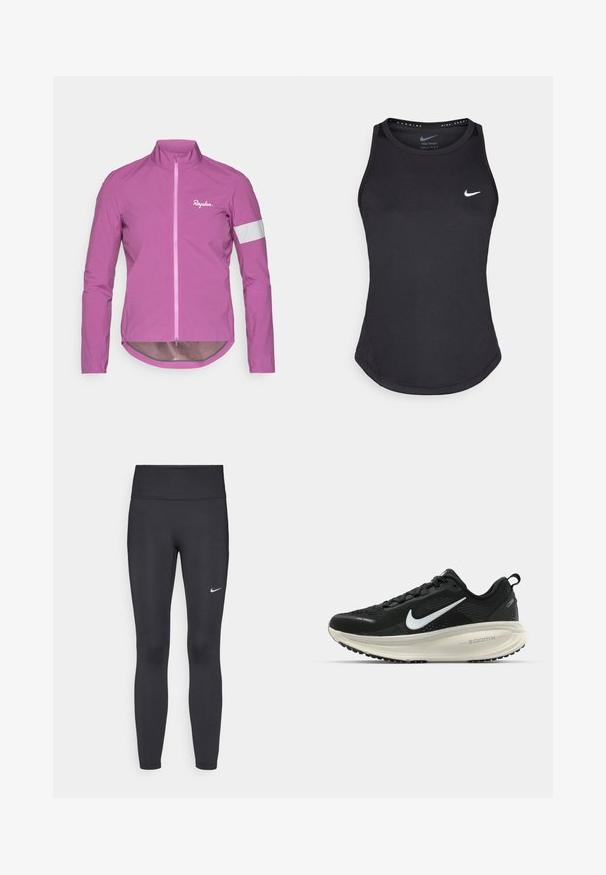 Hellrosa Radjacke mit hohem Kragen, durchgehendem Reißverschluss und reflektierenden weißen Akzenten an den Ärmeln. Hergestellt aus leichtem, glattem Material.; Schwarzes Sporttanktop aus feuchtigkeitsableitendem Material. Mit Rundhalsausschnitt, enger Passform und weißem Nike-Logo auf der Brust.; Schwarze Leggings aus elastischem Stoff, mit einem hohen Bund und einem weißen Nike-Logo auf dem linken Oberschenkel. Glatte Textur, figurbetontes Design.; Schwarzer Nike-Laufschuh mit atmungsaktivem Mesh-Obermaterial, weißem Swoosh-Logo, strukturierten Details und einer cremefarbenen ZoomX-Zwischensohle.