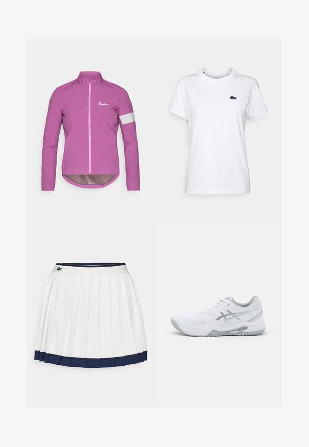 Ebright roosa jalgrattajope kõrge kraega, täispikk lukk ja peegeldavad valged aktsendid varrukatel. Valmistatud kergest ja siledast materjalist.; Valge puuvillane T-särk ümmarguse kaelusega, lühikeste varrukatega ja väike tumesinine logo vasakul rinnal. Sile tekstuur, lõbus disain.; Valge plisseeritud seelik, millel on tumesinine vöökoht ja ääreosa. Omab pehmet kangast horisontaalsete triipudega vöökoht, mis on loodud mugavuseks.; Valge spordijalats, mis on valmistatud võrkpinna ja sünteetiliste materjalide kombinatsioonist, hallide aktsentide ja paeltega, tekstureeritud tallaga, kaarjate joontega ning logode detailiga.