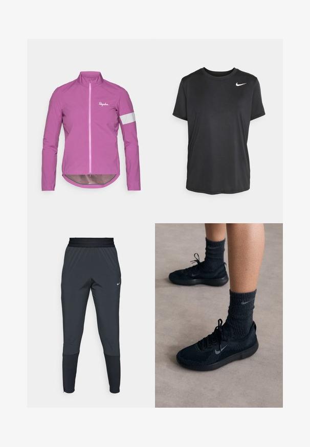 Bright pink cycling jacket with a high collar, full zip, and reflective white accents on sleeves. Made from lightweight, smooth material.; Black short-sleeve athletic t-shirt made of smooth, lightweight fabric, featuring a small white Nike logo on the upper left side.; Nike athletic pants in dark gray, featuring a tapered leg design, elastic waistband, and accent details near the cuffs.; Black Nike sneakers with a textured knit upper, featuring a grey swoosh logo, paired with dark ribbed socks. Flat rubber sole.