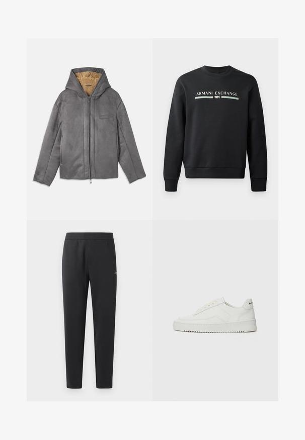 Jachetă din suede gri cu glugă, dotată cu căptușeală din fleece moale de culoare bej, închidere cu fermoar în față și branding minim pe piept.; Hanorac negru dintr-un material moale. Prezintă un guler rotund și mâneci lungi. Partea din față afișează "ARMANI EXCHANGE" și "1991" în culori contrastante.; Pantaloni de jogger negri, confecționați dintr-un material moale, cu un brâu elastic, picioare drepte și un detaliu mic cu logo pe lateral.; Sneakers din piele albă cu un finisaj neted, vârf rotund, șireturi plate și o talpă texturată. Prezintă un logo subtil pe călcâi.