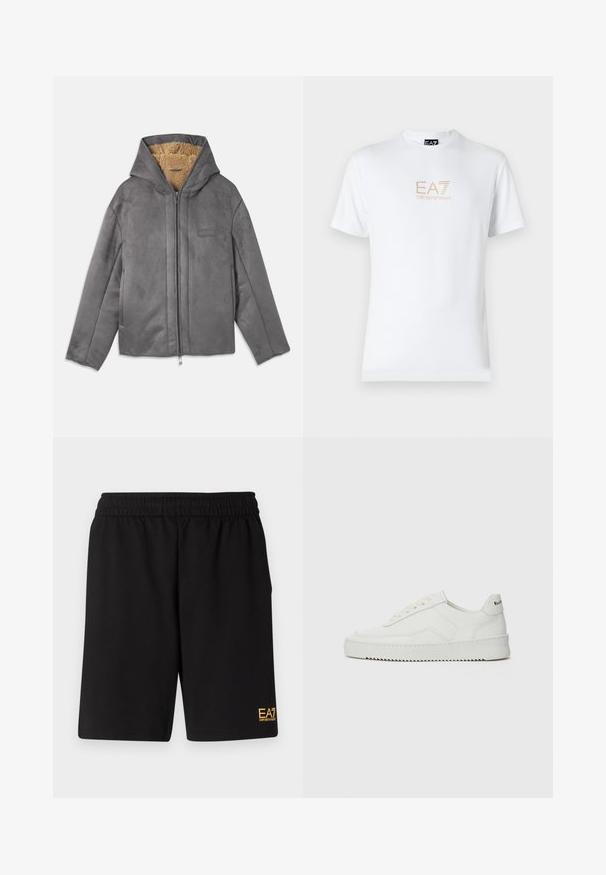 Šedá sukně s kapucí, vybavená měkkou krémovou fleecovou podšívkou, předním zipem a minimálním logem na hrudi.; Bílé bavlněné tričko s kulatým výstřihem a krátkým rukávem, na přední straně s potiskem zlatého loga EA7 Emporio Armani.; Černé sportovní šortky vyrobené z měkké látky, s elastickým pasem a malým žlutým logem EA7 na dolní části levé nohy.; Bílé kožené tenisky s hladkým povrchem, kulatou špičkou, plochými tkaničkami a texturovanou podrážkou. Na patě se nachází nenápadné logo.