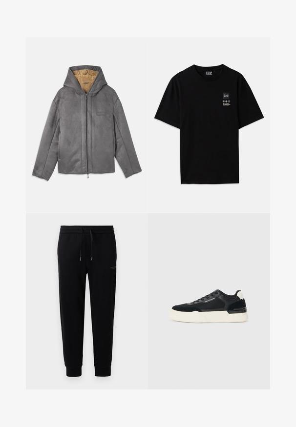 Siva antilop jakna s kapuljačom, sa mekim bež flis podstavom, prednjim zatvaračem i minimalnim brendiranjem na prsima.; Crna pamučna majica s kratkim rukavima, okruglim izrezom i malom oznakom logotipa sprijeda koja sadrži simbole za njegu u bijeloj boji.; Crne trenirke od mješavine pamuka, s elastičnim pojasom i vezicom, manžetama na gležnjevima i suptilnim otisnutim logom sa strane.; Crne tenisice od mrežaste tkanine i kože, s debelim bijelim potplatom i kontrastnim detaljima. Šnure i logo detalj sa strane.