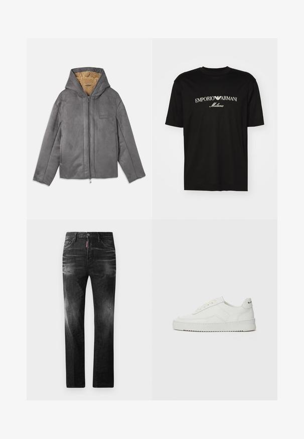 Gray zip-up jacket with a hood, made of soft suede-like material, lined with tan fleece for warmth and comfort. Features side pockets.; Black cotton T-shirt featuring a round neckline, short sleeves, and "EMPORIO ARMANI" logo in white above "Milano" in a curved design.; Black denim jeans with a straight fit. Features faded areas, minor distressing, classic five-pocket design, and a button closure.; White leather sneaker with a smooth finish, round toe, flat laces, and a textured sole. Features a subtle logo on the heel.