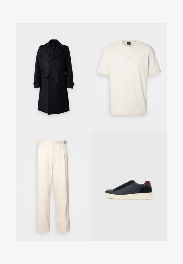 Belstaff MILFORD COAT - Κλασικό παλτό - ink blue; BOSS TEE - Βασικό μπλουζάκι - open white; Μπεζ βαμβακερό παντελόνι με ίσια γραμμή, διαθέτει κουμπί κλεισίματος και πτυχές στο μπροστινό μέρος για επιπλέον λεπτομέρεια.; Ανδρικά παπούτσια sneaker χαμηλού ύψους σε μαύρο δέρμα και σουέτ, με ταμπέλα στη φτέρνα σε μπορντό χρώμα και λευκή καουτσούκ σόλα, προβαλλόμενα από την εξωτερική πλευρά.