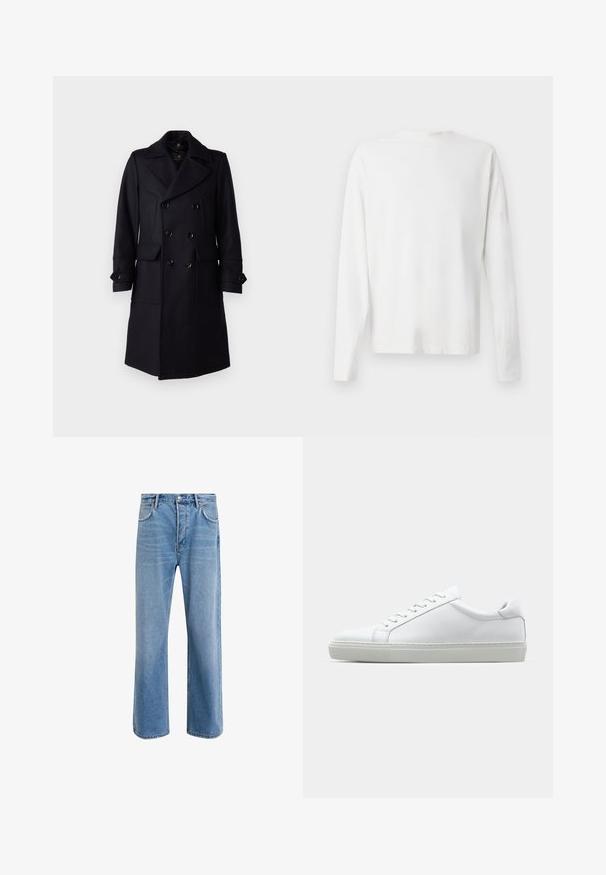 Belstaff MILFORD COAT - Klasszikus kabát - ink blue; Hosszú ujjú fehér pamut ing kerek nyakkivágással, az alján oldalsó hasítékokkal és sima textúrával, hátulról bemutatva.; Világoskék farmernadrág, egyenes szárú fazonnal, öt zsebbel, gombos záródással, minimális kopással és kontrasztos varrással.; Fehér sportcipő sima bőr felső résszel és alacsony profilsal. Kerek orr, hat fűzőlyuk és barázdált gumitalp jellemzi.