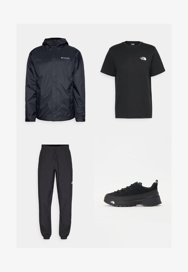 Giacca impermeabile nera con cappuccio, caratterizzata da una zip frontale, polsini elasticizzati e un logo nella parte superiore sinistra del petto. Materiale leggero.; T-shirt nera in cotone con maniche corte, colletto a giro, e un piccolo logo bianco sul lato sinistro del petto. Design semplice, texture liscia e vestibilità rilassata.; Pantaloni sportivi neri realizzati in tessuto leggero, con vita regolabile con cordino, tasche laterali e orli affusolati alle caviglie.; Sneaker da esterno nera con parte superiore in suede, suola in gomma testurizzata e robusto sistema di allacciatura. Presenta un tallone rinforzato e il logo del marchio sul lato.