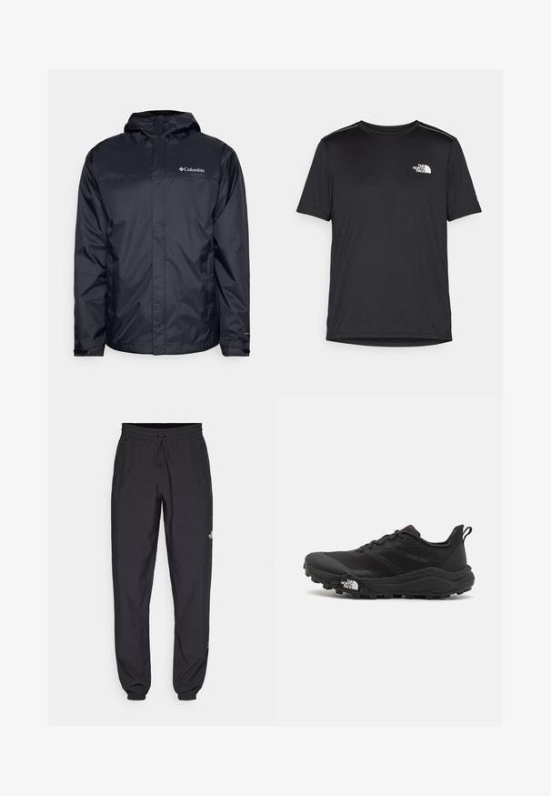 Fekete, vízálló dzseki kapucnival, elöl zipzárral, rugalmas mandzsettákkal és logóval a bal felső mellkasi részen. Könnyű anyag.; Fekete, rövid ujjú póló, könnyű anyagból készült. Bal mellen egy kis fehér logó található, és finom vállrész kiemelések.; Fekete sportnadrág, könnyű anyagból készült, húzózsinóros derékkal, oldalsó zsebekkel és szűkített szárakkal a bokáknál.; Fekete terepfutó cipő, textúrált felső résszel, gumitalppal és megerősített lábujjrészével. Párnázott bokarésszel és húzófüllel rendelkezik a könnyű felhúzáshoz.