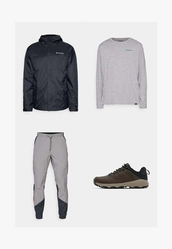 Musta vedenpitävä takki hupullinen, jossa on vetoketjullinen etuosa, joustavat hihansuut ja logo vasemmassa ylärintataskussa. Kevyt materiaali.; Vaaleanharmaa pitkähihaisuus t-paita, joka on valmistettu pehmeästä ja teksturoidusta kankaasta. Siinä on pyöreä kaula-aukko ja pieni sininen Patagonia-logo rinnassa.; Kevyet, harmaat urheiluhousut mustilla yksityiskohdilla. Joustava vyötärö, nyöri sulkeminen, kapeat lahkeet ja sivutaskut.; Ruske vedenäyttävät lenkkarit, joissa on tekstuuroitu päällinen, reikiä korostavia yksityiskohtia, musta kantatuki ja harmaa kumipohja. Kiristysnauhoissa on metalliset päät.