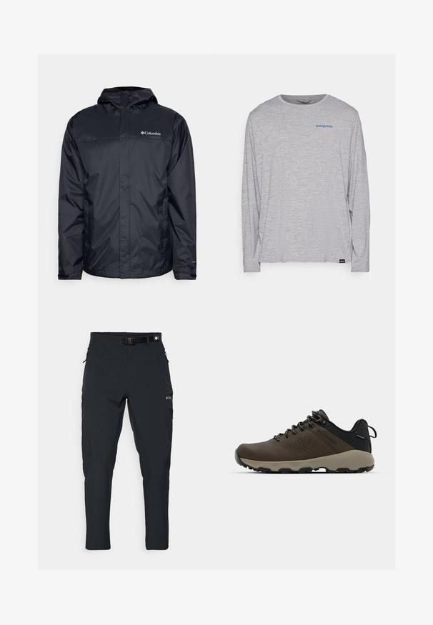 Giacca impermeabile nera con cappuccio, caratterizzata da una zip frontale, polsini elasticizzati e un logo nella parte superiore sinistra del petto. Materiale leggero.; T-shirt grigio chiaro a maniche lunghe realizzato in un morbido tessuto testurizzato. Presenta un collo a giro e un piccolo logo blu Patagonia sul petto.; Columbia ESSENTIAL HIKE™ PANT - Pantaloni outdoor - black; Sneakers impermeabili marroni con tomaia testurizzata, dettagli perforati, supporto al tallone nero e suola in gomma grigia. I lacci sono decorati con estremità metalliche.