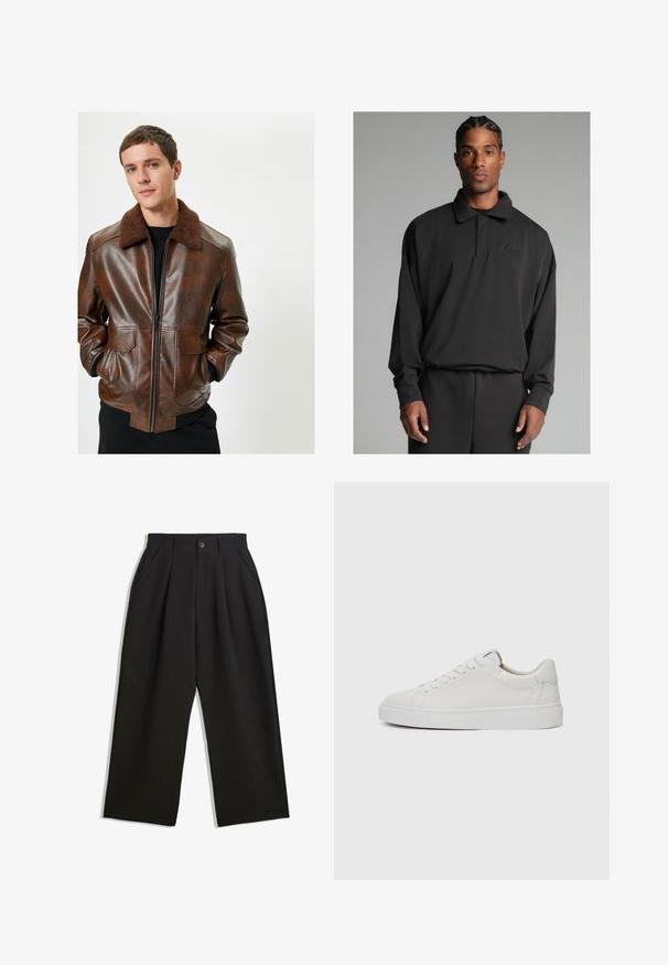 Brun læderjakke med en fluffy brun krave, lynlås i front, to frontlommer og tætsiddende design. Glat tekstur med en blank finish.; Sort polo sweatshirt lavet af blødt stof, med en klassisk krave, lange ærmer og et broderet logo på brystet.; Sorte bukser med en afslappet pasform, der har plisseringer foran, sidelommer og knaplukning. Fremstillet af tekstureret stof.; Hvide læder sneakers med lav skæft, rund tå, flad hvid gummisål og minimalistisk sømdetalje. Snørebånd sikret gennem seks snørrehuller.